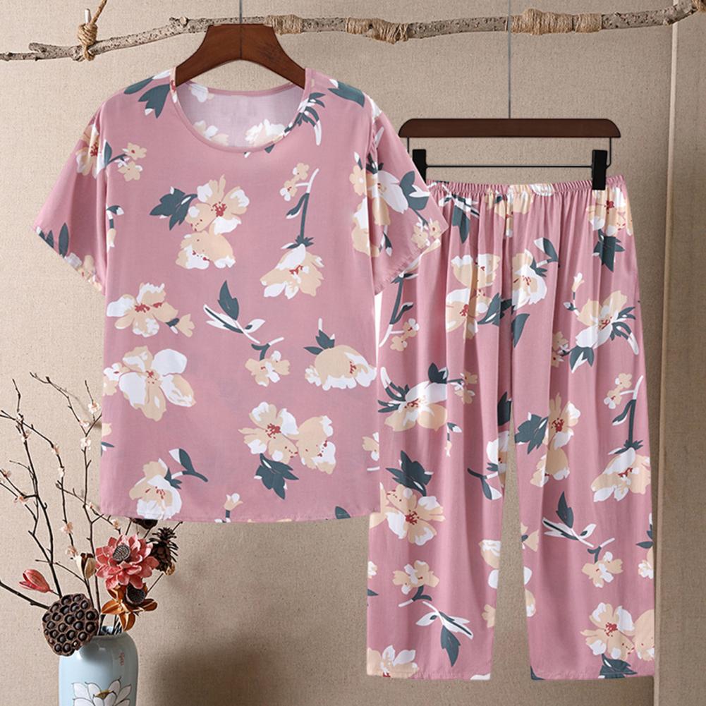 2 Pcs/Set Women Pajamas Set Mid-aged Flower Print Pleated O Neck Short Sleeve Pajama Wide Leg Sleepwear Pants Set