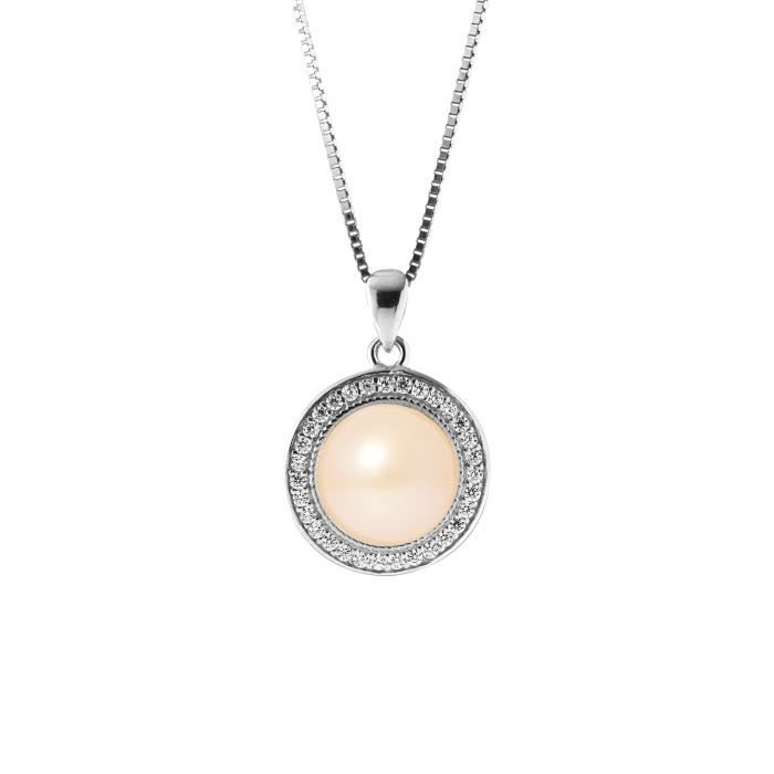 PERLINEA - Sun Necklace - AAA+ Freshwater Cultured Pearl - 9-10 mm Button - Natural Pink - 925 Thousandths Silver - Womens Jewelry