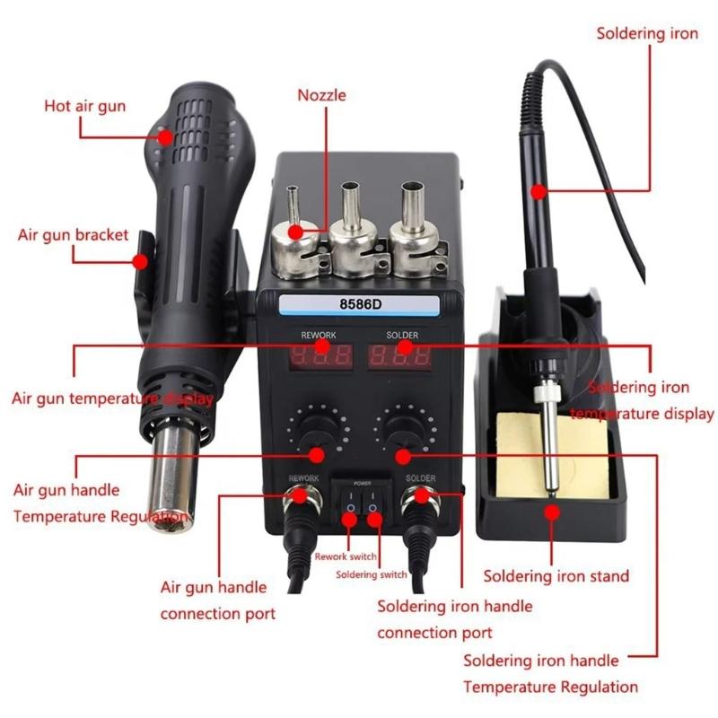 Soldering Station with Double Display and Adjustable Temperature 100°C-450°C Hot Air Rework Station LED