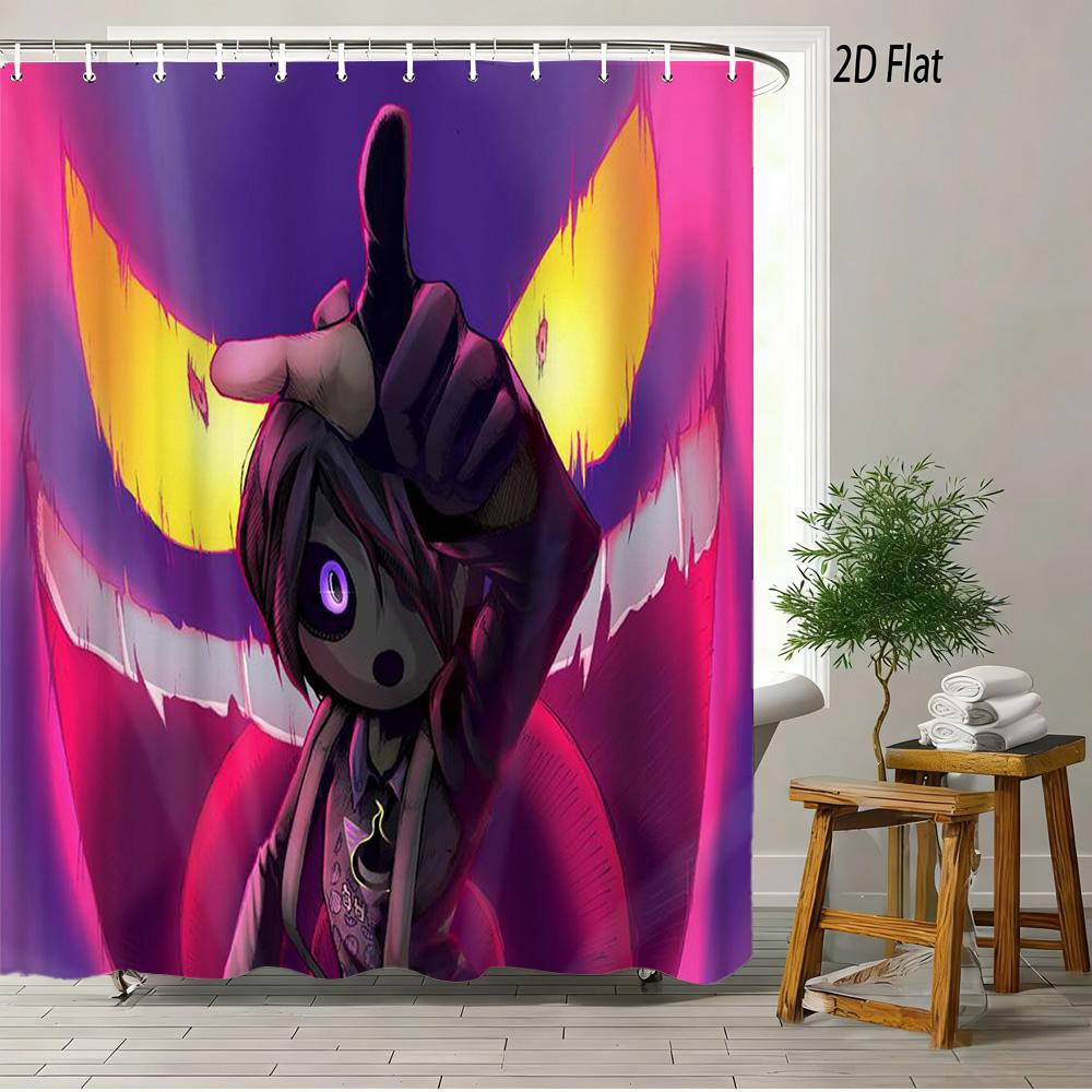 Dragon Ball Z Majin Buu (Fat Buu) Cheerful Pose Scene 2D Print Waterproof Shower Curtain, Vibrant Solid Purple Background With P