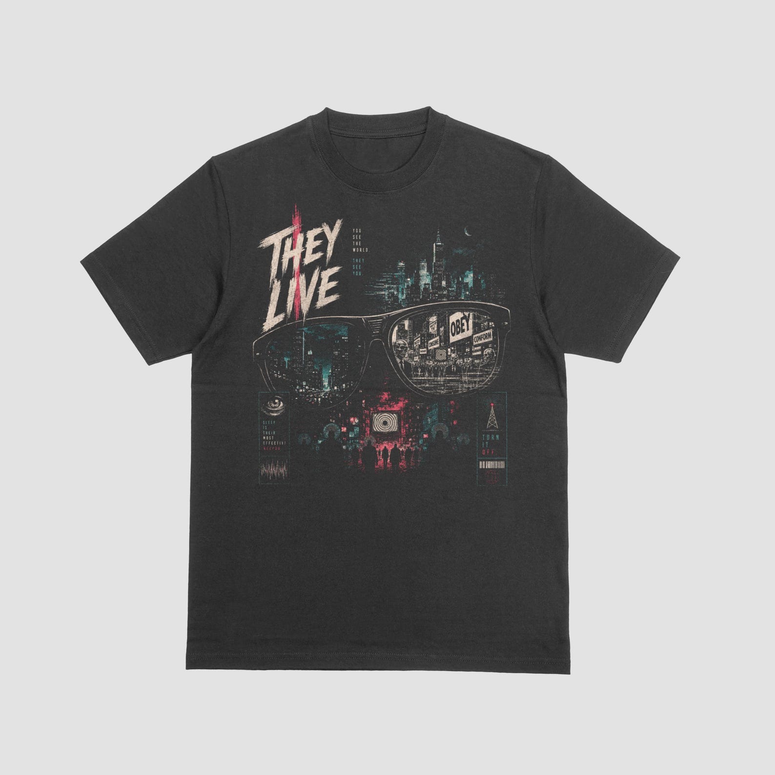 They Live Inspired Acid Wash T Shirt, 80s Cult Sci Fi Horror Tee, Retro Movie Graphic Shirt, Dystopian Alien Film Gift XL