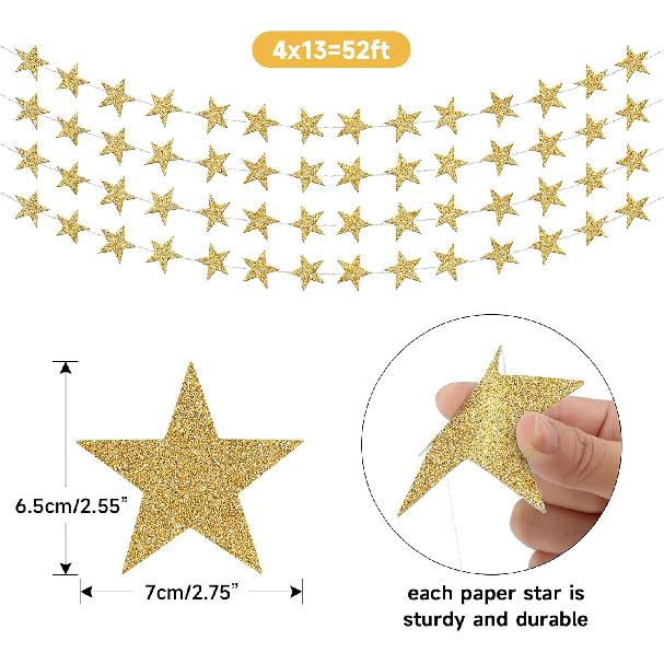 jijAcraft Glitter Gold Star Garland Decorations Hanging Garands Banner Backdrop, 2.7 inch Star Party Decoration for Birthday Baby Shower Wedding Kids