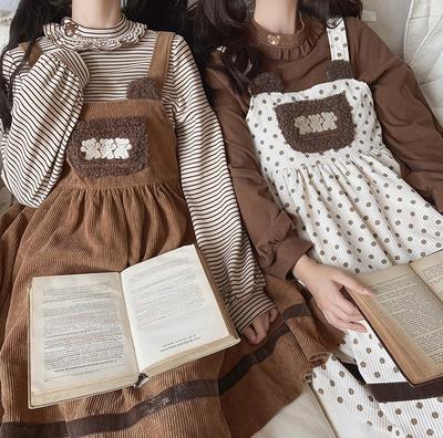 Vintage Kawaii Lolita Dress Women Winter Japanese Sweet Bear Embroidery Plush Pocket Corduroy Strap Midi Dress Soft Girl