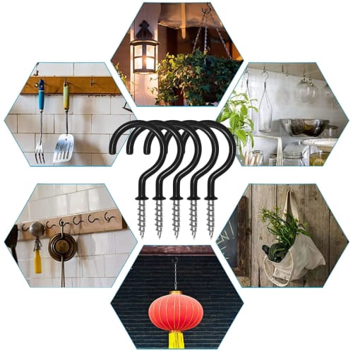 Yinke 20-Pack Wood Screw Hooks, Ideal for Hanging Ceiling Hooks, Plants, Kitchen Utensils, Wind Chimes, and More, with Plastic Expansion Pins (Black,