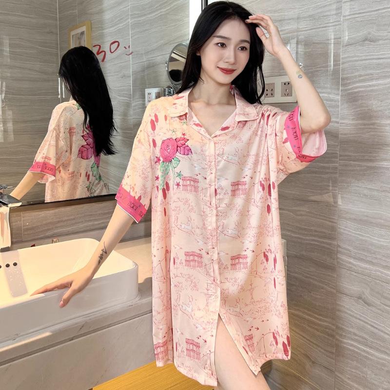 Pink Sweet Wind Loose Rose Print Shirt Nightdress Women's Casual Fashion Can Be Worn Outside Loungewear
