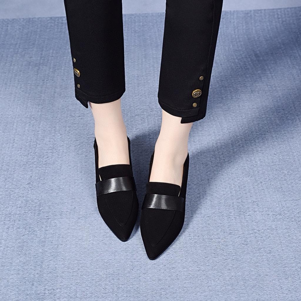 Spitze High Heels Damen Frühling Schwarz Dicke Ferse Ein-Pedal Damen Einzelne Schuhe Schlicht und Großzügig Arbeitsschuhe