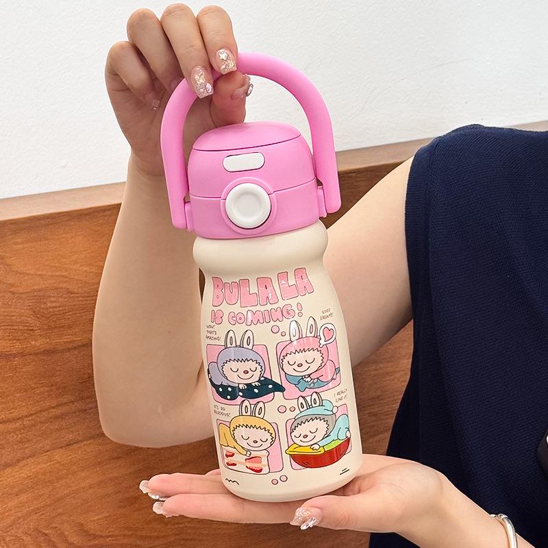 Carrying Pot Girl High Value Cute Double Drink Thermos Cup Large Capacity Portable Portable Student Straw Cartoon Water Cup