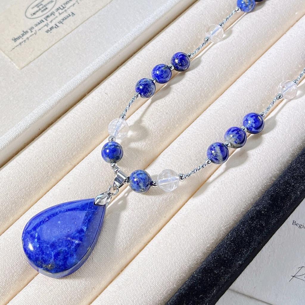Natural Lapis Lazuli White Crystal Design Necklace Collarbone Chain Sweater Chain