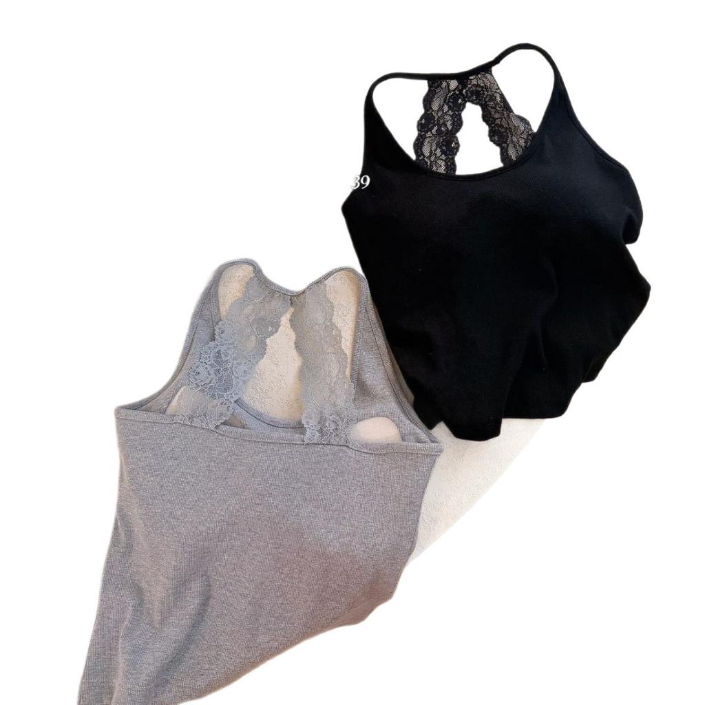 #Back Lace Splicing Beautiful Back Sling Slim and Thin Bra Free Fixed Cup Outer Wear Versatile Vest Women