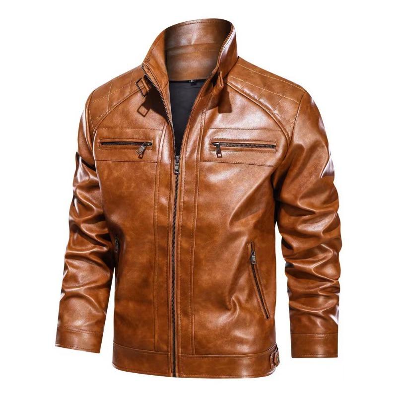 Men's Stand Collar Faux Leather Jacket Motorcycle Style Casual PU Coat Pocket Hooded