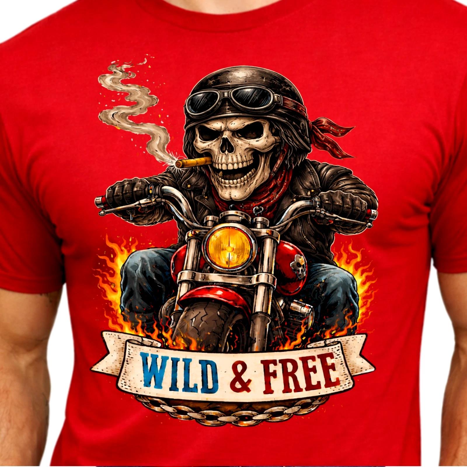 Smoking Skeleton Biker T-Shirt Wild And Free Motorcycle Gothic Graphic Tee S