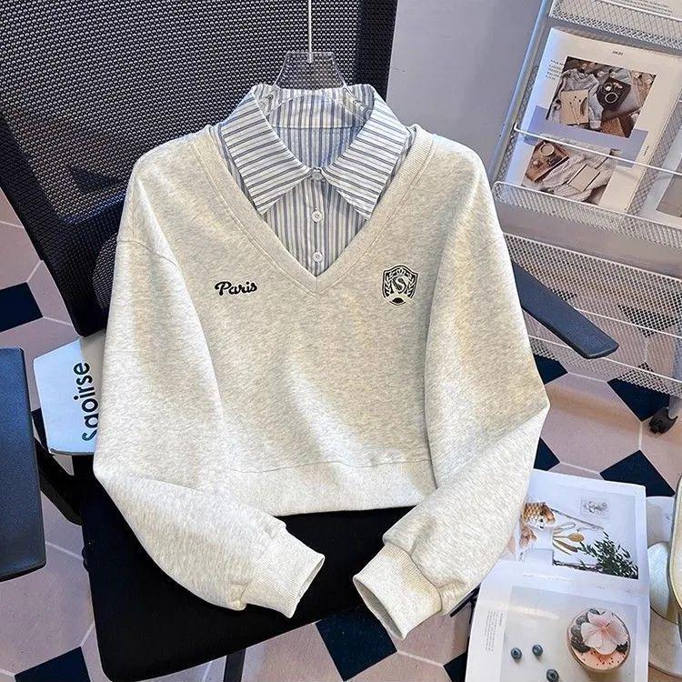Plus Size Two-Piece Patchwork Polo Neck Sweatshirt - Women's Loose Slimming College Style for Spring & Autumn