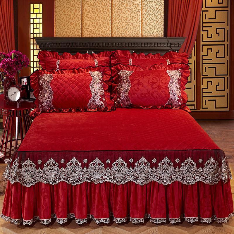 European Style Bed Skirt Lace Velvet Quilted Bedspread Autumn and Winter Thick Warm Fitted Sheet