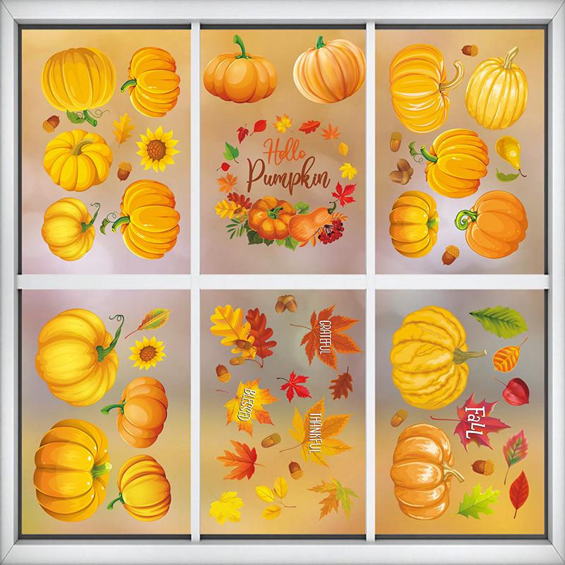 Thanksgiving Window Stickers Autumn Pumpkin Maple Leaves Cartoon Window Door Stickers Background