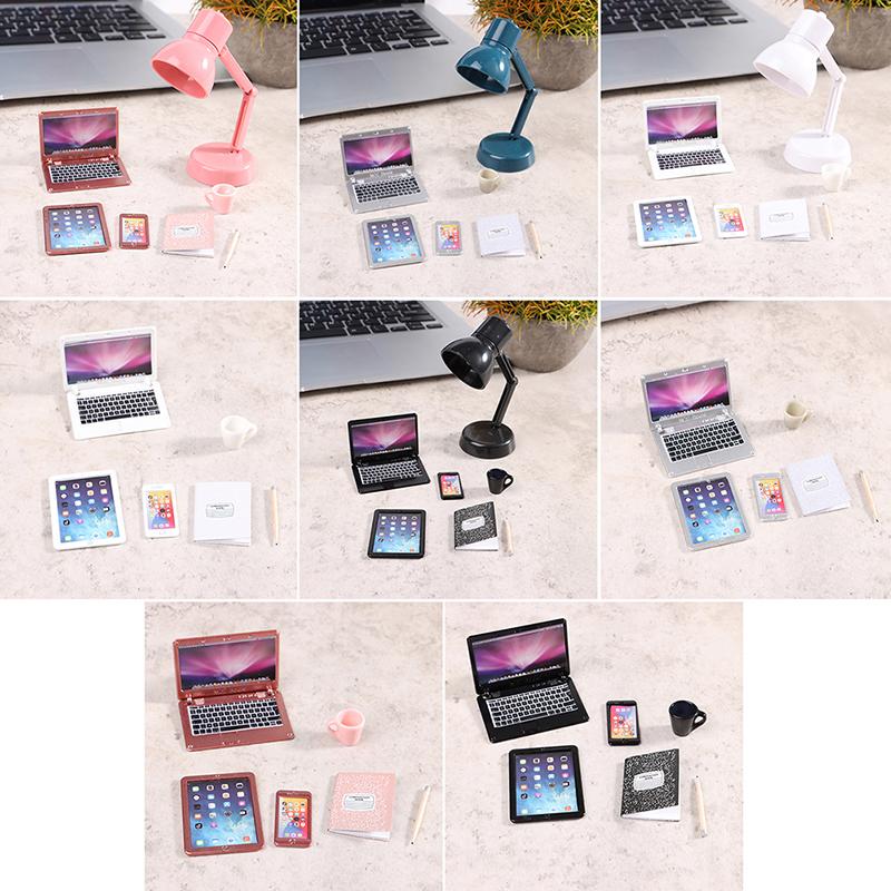 1:12 Dollhouse Miniature Laptop Phone Tablet Desk Lamp Book Desk Set Decor Toy