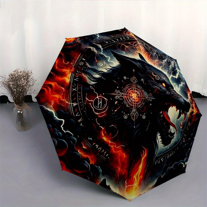 1pc A Fiery Wolf amidst Celestial Symbols Pattern Automatic Umbrella is Fashionable and Good-Looking, Suitable for Travel and Daily UseC014