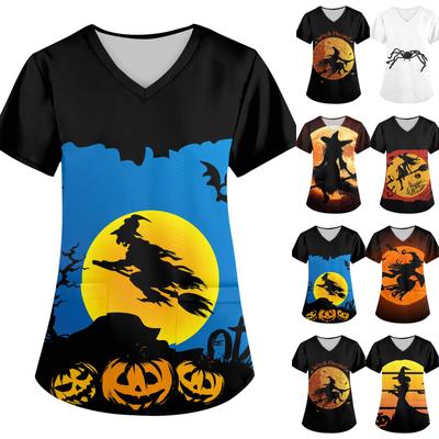 Módne dámske tričko s výstrihom do V a vreckom s halloweenskou potlačou