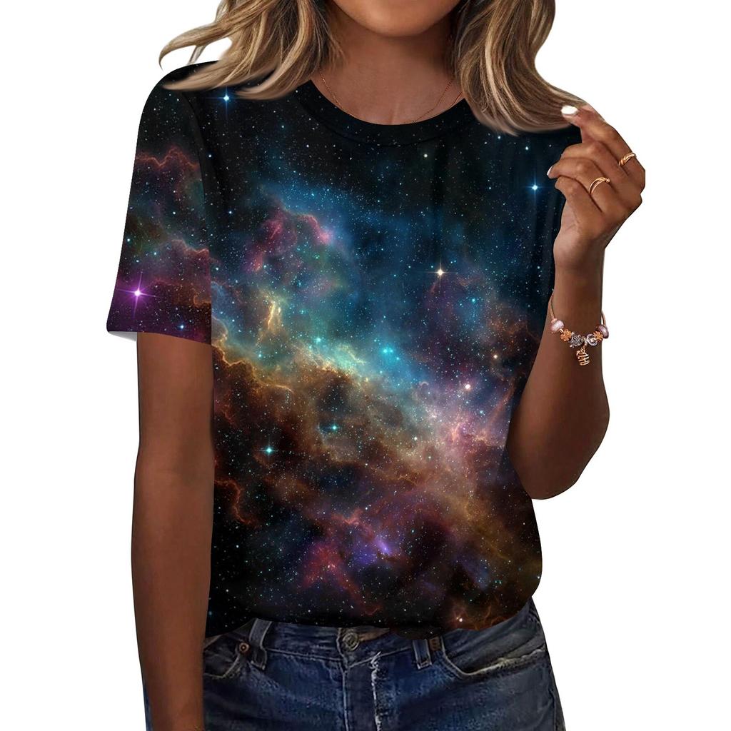 Dámské módní ležérní tričko s krátkým rukávem a potiskem, s kulatým výstřihem