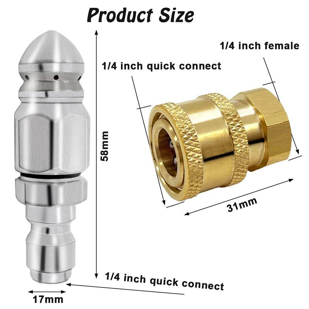 Stainless Steel + Brass Sewer Jetter Nozzle 1 Forward Jet + 6 Rear Jets Coupler Secure Fittings
