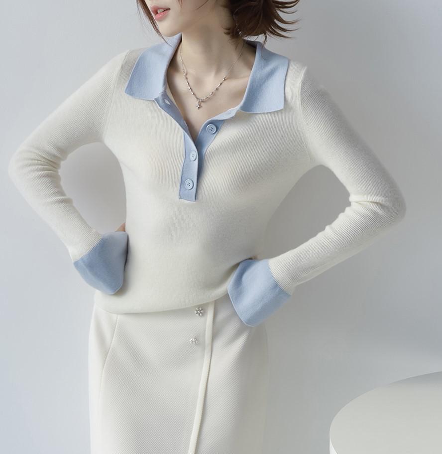 MZOXOM Women's Color Block Polo Collar Sweater - High-End Pullover Knitwear