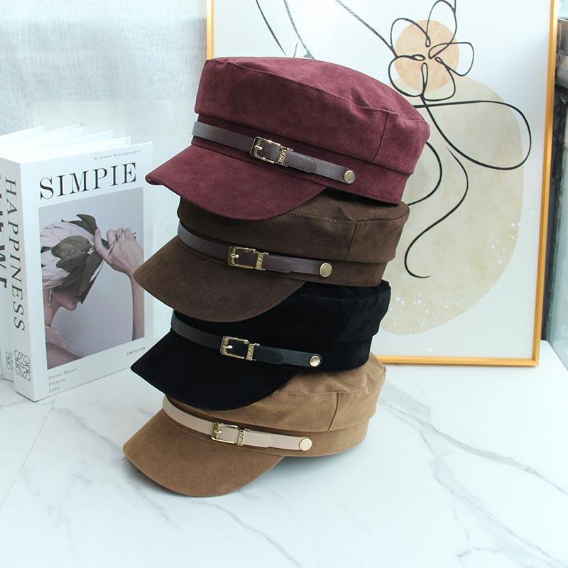Autumn and Winter New Haijun Hat Simple Casual Versatile Flat Top Hat Belt Buckle Fashionable Wide Brim Show Face Small Painter Hat