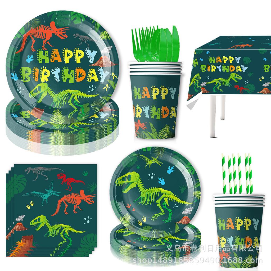 Dinosaur Themed Party Supplies Birthday Decorations Disposable Tableware Banners Flag Paper Plates Paper Towels