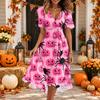 Women Casual V Neck Short Sleeve Halloween Print Dress Midi Length Wrap Style Adjustable Waist Tie
