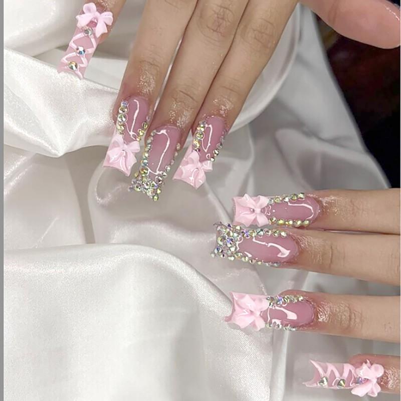 Sweet French Tip Press On Nails With Rhinestone Bow Decor Long Water Drop Shape Gel Adhesive Jelly Glue Options