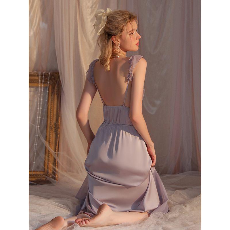 Good Morning with You: French Purple Strap Pajamas Long Dress to Ankle Super Long Lace Nightdress Sweet Princess Style