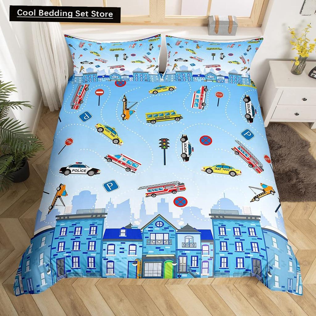 Gelbes Taxi Auto King Queen Bettbezug Jungen Cartoon Transport Bettwäscheset Rosa Stadtlandschaft Steppdeckenbezug Polyester Bettdeckenbezug