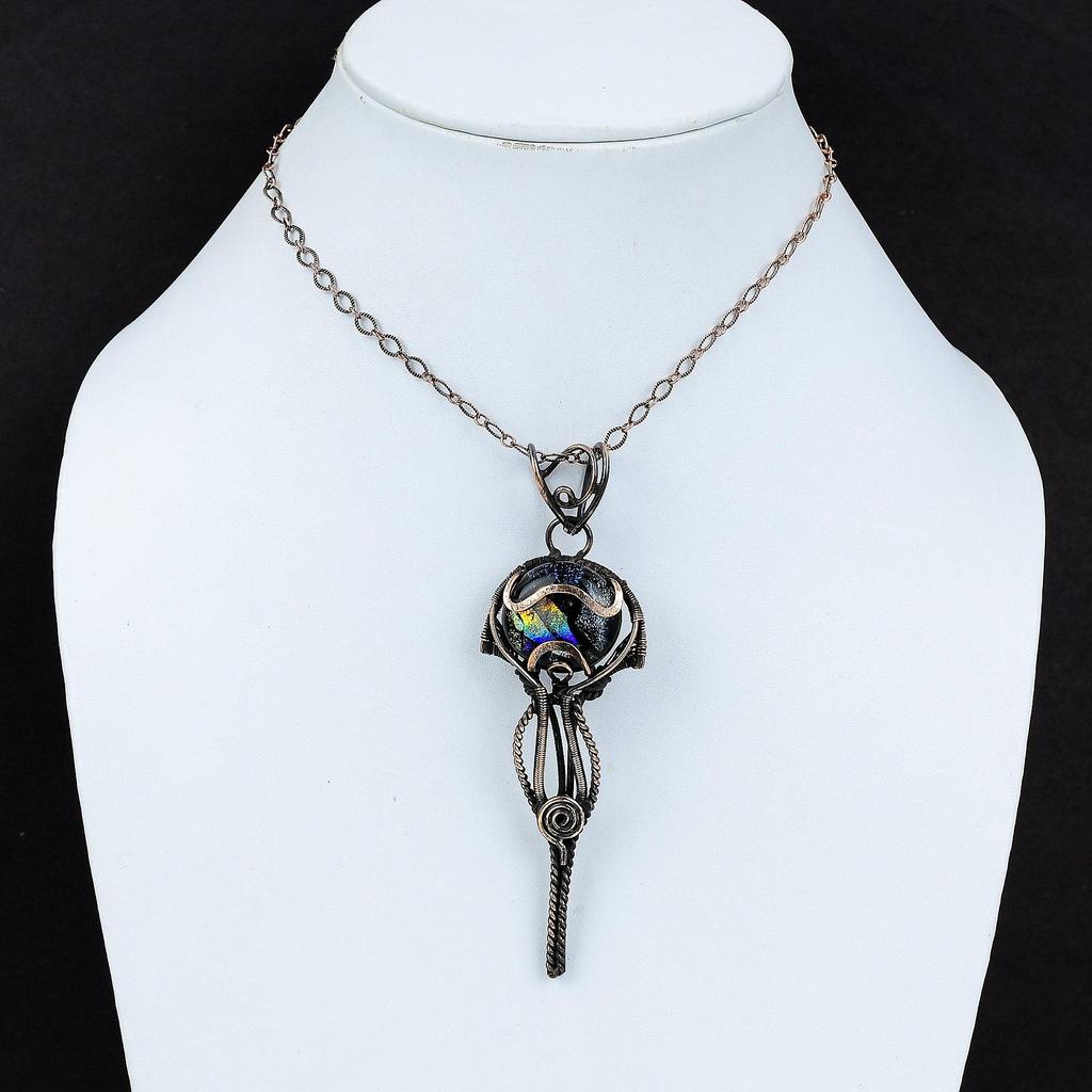 American Dichroic Glass Pendant Copper Wire Wrapped Gemstone Jewelry Stylish Pendant Handmade Jewelry Copper Wire Wrap Pendant Gift For Mom