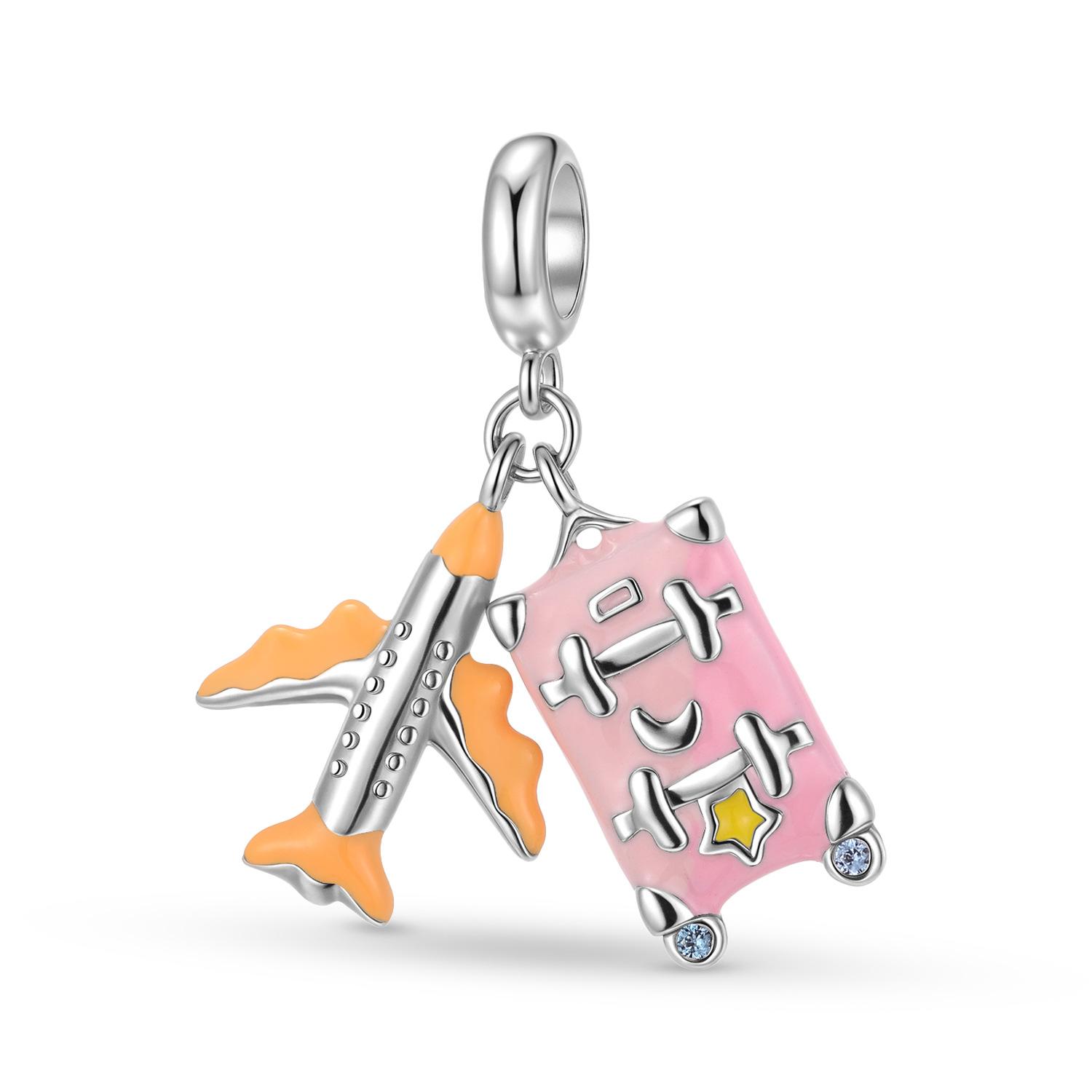 Creative aircraft luggage pendant travel travel S925 sterling silver beaded bracelet DIY jewelry accessories loose beads S925 sterling silver