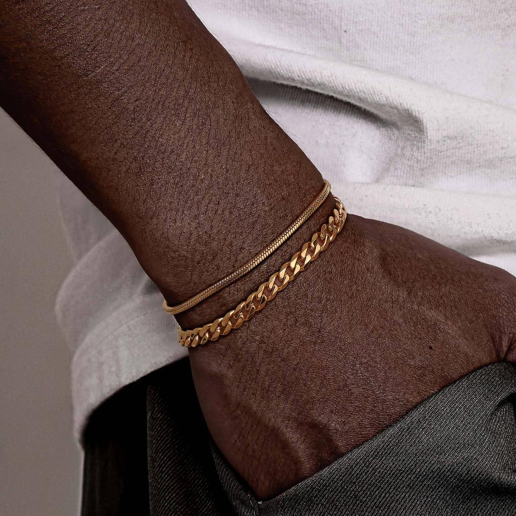 Hiphop 2pcs Stacked Chan Bracelets for Men Boys,Stainless Steel Cuban Chain Wristband,18/21/23CM