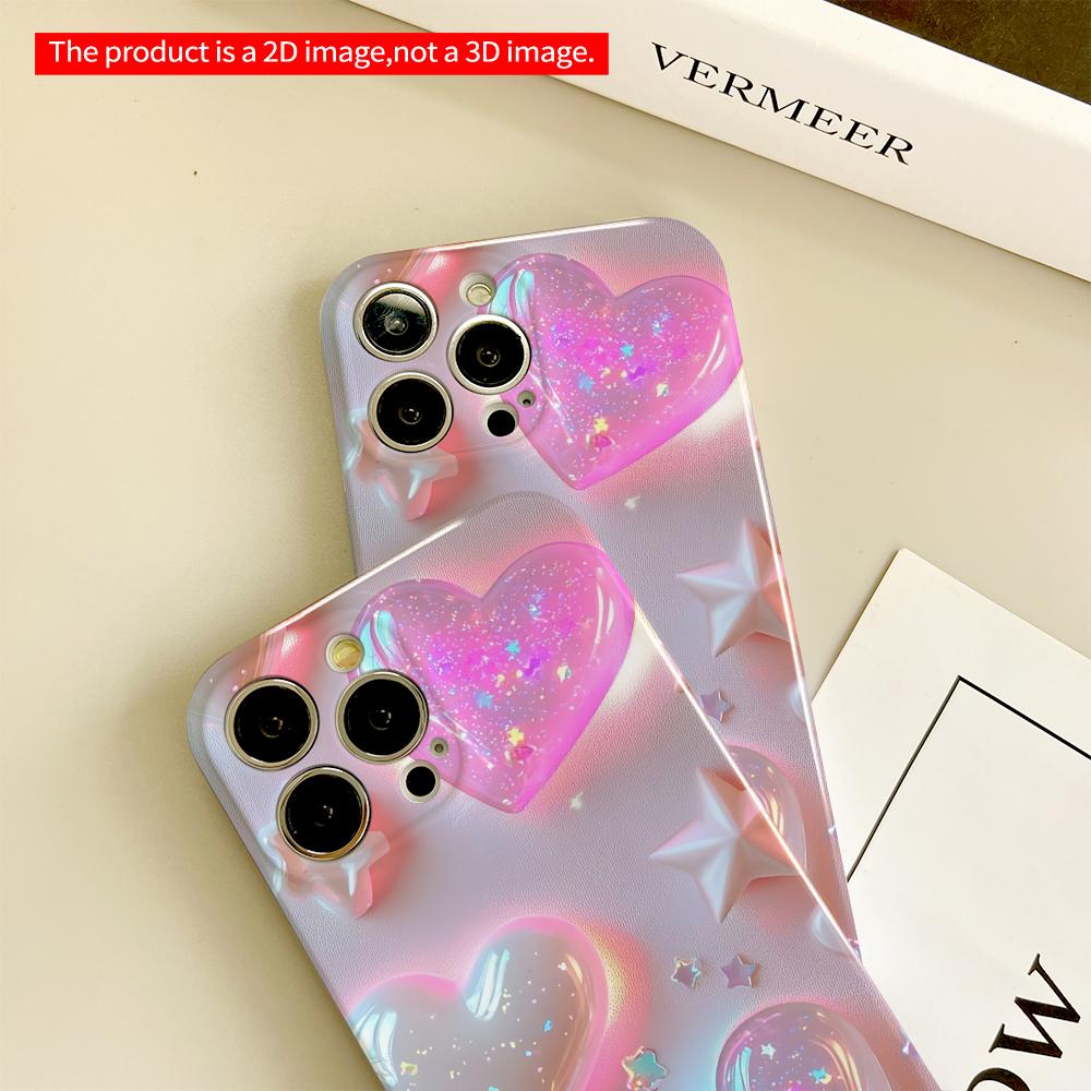 2DFlat Glowing Hearts & Stars Phone Case All Inclusive Film Hard Phone Case, Compatible with iPhone 18 Pro Max 17 16 15 14 13 12 11