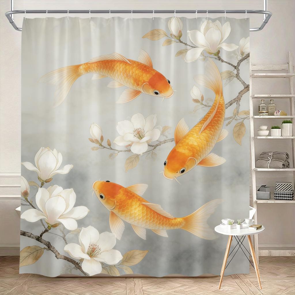Luxury Golden Koi Fish with Cherry Blossoms Waterproof Shower Curtain for Feng Shui Bathroom Decor