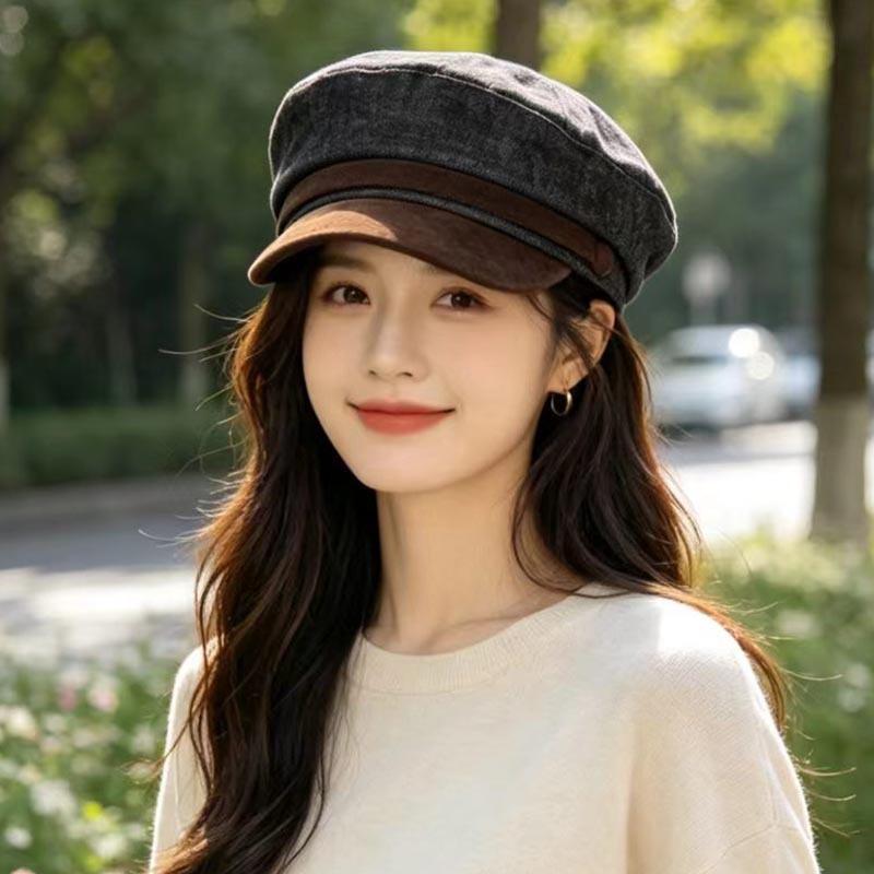 Retro denim splicing navy hat women's autumn and winter suede brim newsboy hat British versatile octagonal flat top hat shows small face
