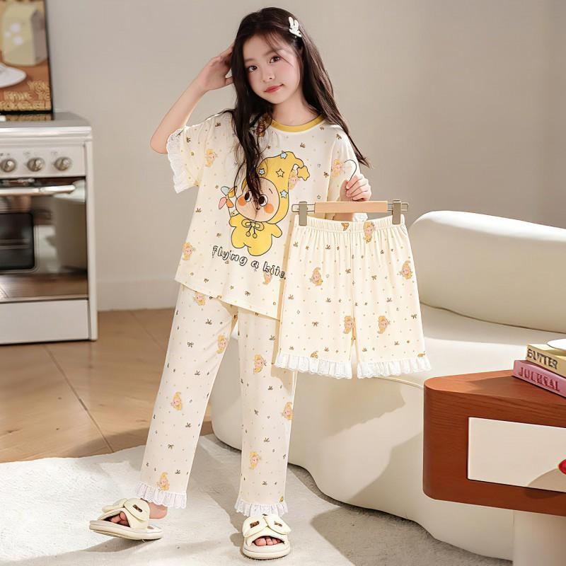 Girls Short Sleeve Modal Pajama Set Lightweight Sleepwear Kids Ages 8 Princess Style Air-Conditioned Nightwear