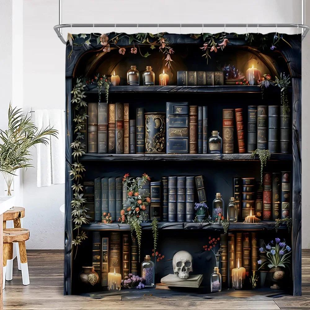 

Retro Magic Shower Curtain Wizard Hat Witch Magic Room Library Book Bookshelf Retro Polyester Shower Curtain Fabric W120xH180cm