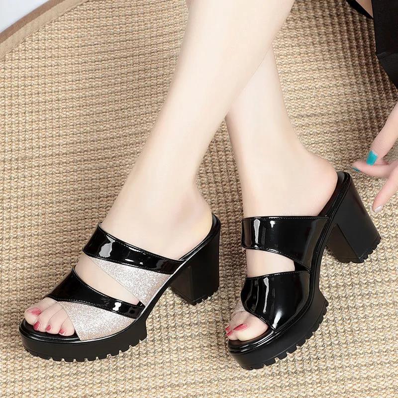 Women's Spring and Summer Large Size Fish Mouth High Heel Slippers Thick Middle Heel Casual Cool Sandals
