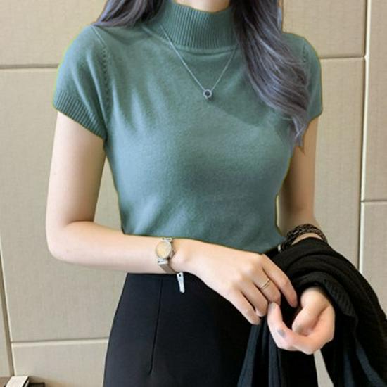 Damen Sommer Koreanischer Stil Strick Halbturtleneck Slim Fit Kurzarm Top