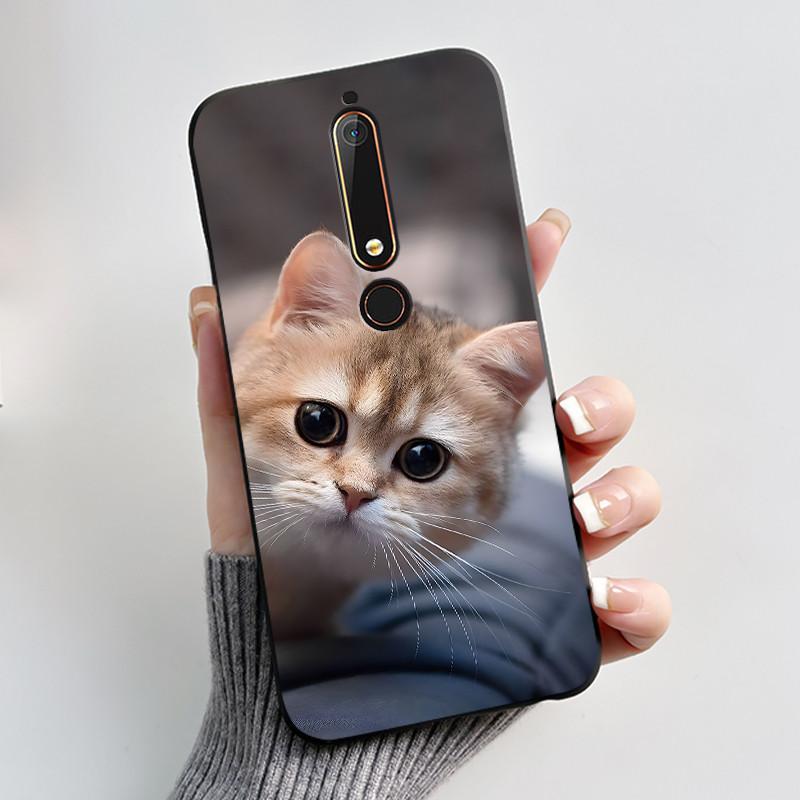 Custodia Per Nokia 6.1 6.1 Plus Custodia Antiurto Estetica Moda Cartone Animato Gatto Carino Nera Gomma Silicone Morbida Cover Bumper Alloggiamento
