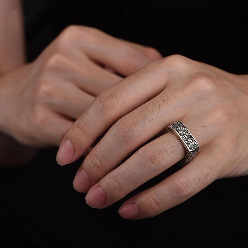 HX Silver Men's Ring Retro Square Round Pangu Trend Personality Domineering Handmade Ring Jewelry Accessories