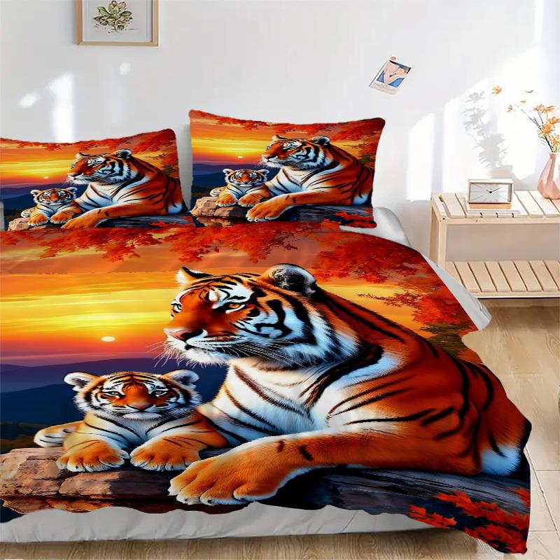 

3pcs Tiger Print Bedding Set - 1 Duvet Cover + 2 Pillowcases(Core Not Included), Machine Washable Polyester, All-Season Comfort, Bedroom Dec 135x200cm
