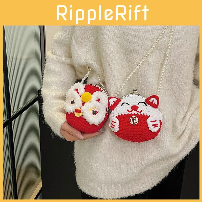 New Year Waking Lion Fortune Cat Coin Purse With Handcrafted Knitted Wool Material For Girls And Children