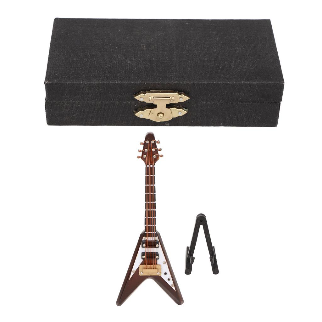 Wooden Miniature Electric Guitar Model with Stand and Case Coffee Mini Musical Instrument Model Decoration 10cm