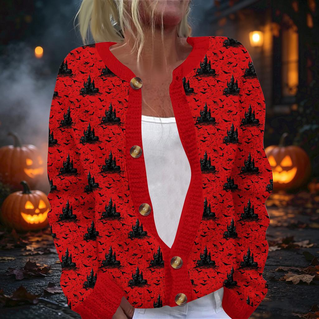 Damski kardigan z dzianiny z nadrukiem na Halloween, z długim rękawem, zapinany na guziki
