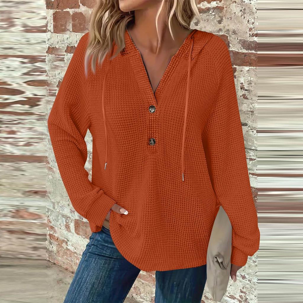 Women's Fashion Long Sleeve Drawstring Hooded Button V-Neck Casual Hooded Sweatshirt Top