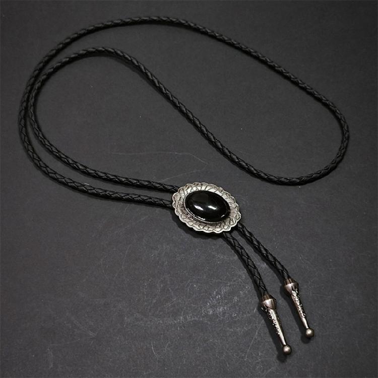 Western Shoestring Necktie Braided Belt Tie Cool Charm Engraved Stone Pendant for Women Men