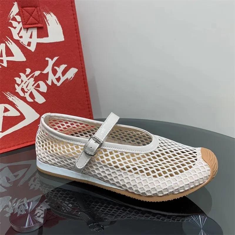 Fashion 2025 Summer Hollowed-out Mesh Ballet Single Shoe Women's Soft-soled One-shoulder Flat Heel Breathable Mary Jane Sandals