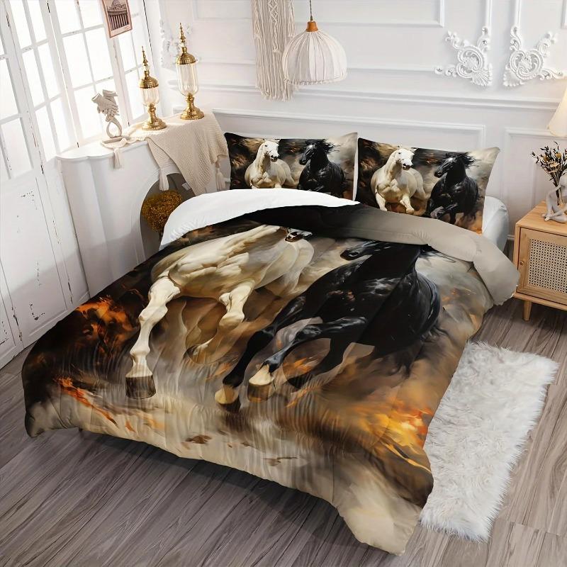 Horse Print Bedding Set, Black And White Horse Bed Linen Set, Western Farm Animal Print Duvet Cover Set, 3D Horse Pattern